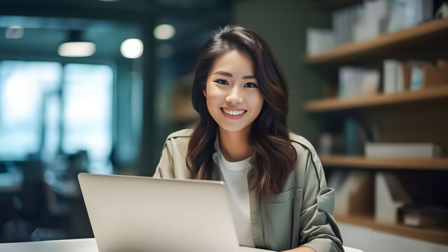 Asian office working girl with a radiant smile sits in front of her laptop computer, immersed in work, against a soothing blue turquoise background. generative AI.