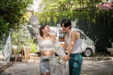 Beautiful young people having fun outdoors. Valentine's Day concept. Lovers at home celebrating Valentine's Day.