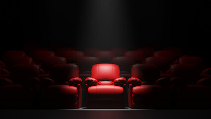 Red sofa Seat in front of black wall with spotight, 3d render - obrazy, fototapety, plakaty