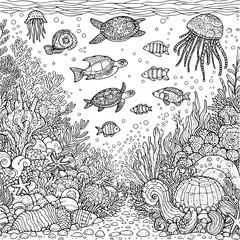 underwater world coloring book hand drawn. ocean life coloring page black and white vector illustration - obrazy, fototapety, plakaty