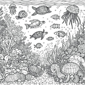underwater world coloring book hand drawn. ocean life coloring page black and white vector illustration