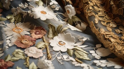 Intricate details and rich textures of vintage fabrics, such as lace, embroidery, or tapestries, highlighting their timeless elegance