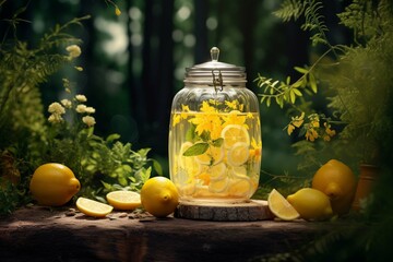 Fresh lemonade jar on garden