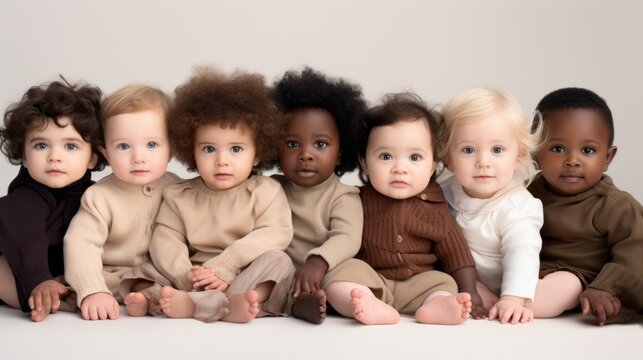 A multiethnic group of toddlers are sitting on the floor on a beige background and looking at the camera. Professional photo shoot, portrait of children of different nationalities and races.