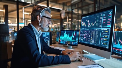 Mature crypto trader investor analyst broker using pc computer analyzing digital cryptocurrency exchange stock market trading graphs report thinking of investing funds risks doing, Generative AI 