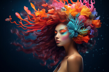 Beautiful girl with vibrant sea corals adorning her hair, surrounded by an ocean of vibrant coral colors against a dark background. Ai generated