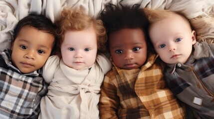 Top view of various multi-ethnic kids lying on a light background and looking at the camera. Group portrait of newborn babies. A professional photo shoot.