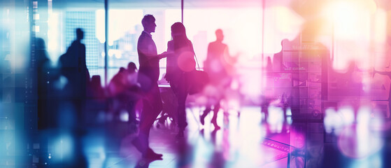 Wide Business Banner with Blurred Business People, Buildings, and Architectural Details in Blue and Pink-Purple Hues. Ai generated