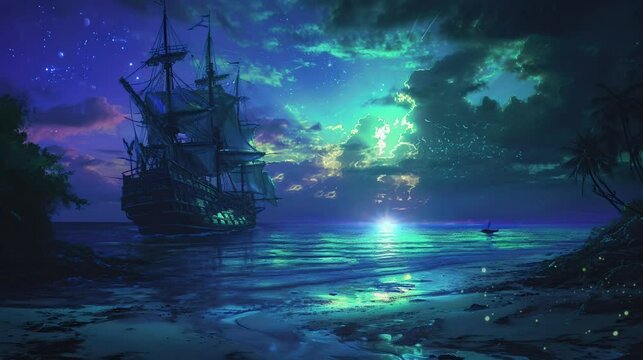 a pirate boat anchored on the beach at night. seamless looping time-lapse virtual video Animation Background.	