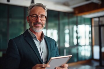 Smiling middle aged business man ceo investor using tablet computer, mature older businessman executive looking at camera advertising finance trading work standing in office. Generative AI 