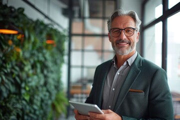 Smiling middle aged business man ceo investor using tablet computer, mature older businessman executive looking at camera advertising finance trading work standing in office. Generative AI  - Powered by Adobe