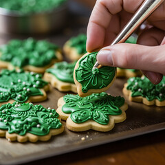 Hands making St. Patrick's Day Themed Cookies