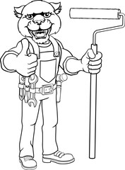 A panther painter decorator handyman cartoon construction man mascot character holding a paint roller tool