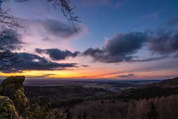 Landscape at the Großer Zacken, Taunus volcanic region. A cloudy, sunny autumn day, meadows,...