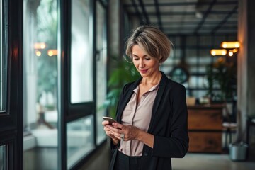 Busy mature elegant business woman model or mid age holding smartphone looking at cellphone standing in office. Middle aged female executive using cell phone digital tech device, Generative AI  - obrazy, fototapety, plakaty