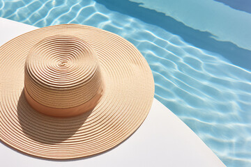 Fototapeta na wymiar Summer straw hat next to swimming pool with blue water with sun reflection