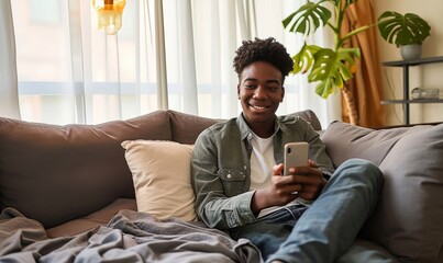 Smiling young African American guy sitting on couch using phone. Happy relaxed gen z teen at home holding cellphone chatting in mobile apps on cell phone in modern living room, Generative AI 