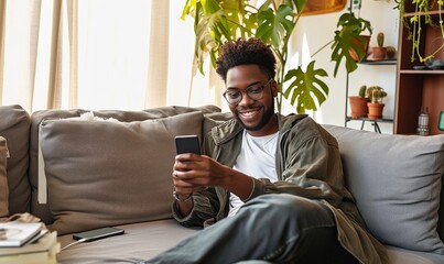 Smiling young African American guy sitting on couch using phone. Happy relaxed gen z teen at home holding cellphone chatting in mobile apps on cell phone in modern living room, Generative AI  - obrazy, fototapety, plakaty
