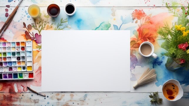 Artist's  workspace with canvas and paints and art supplies