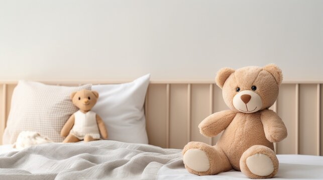 A cute teddy bear sits on a bed with a blanket and pillow in the background