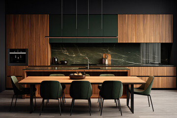 The contemporary style in this elegant kitchen featuring a unique blend of dark green and wooden aesthetics, accented with a luxurious black marble backsplash.