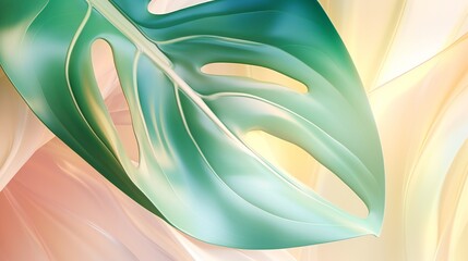 Soft sunlight highlights the calming colors in the close-up of a Monstera leaf's fluid design