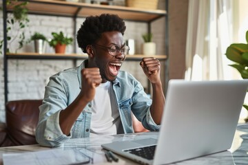 Happy excited African American gen z teen student winner celebrating goal achievement receiving email reading good news about exam results getting scholarship looking at laptop at, Generative AI  - obrazy, fototapety, plakaty
