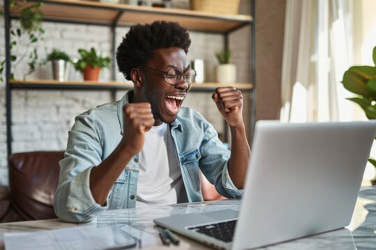 Happy excited African American gen z teen student winner celebrating goal achievement receiving email reading good news about exam results getting scholarship looking at laptop at, Generative AI 