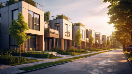 Fototapeta na wymiar The modern living with this street view showcasing modular townhouses, blending contemporary design with residential architecture.