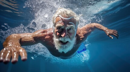  an old man swimming in the water with his swimming goggles on and his face partially obscured by the water's surface.