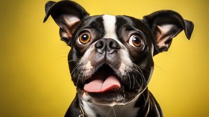  a small black and white dog with its tongue out looking at the camera with a smile on it's face. - obrazy, fototapety, plakaty