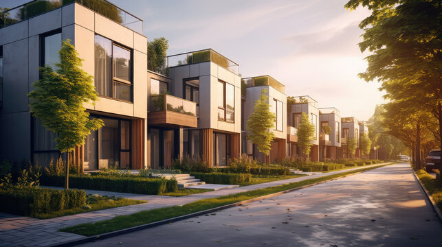The modern living with this street view showcasing modular townhouses, blending contemporary design with residential architecture.