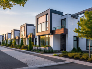 The beauty of modern modular townhouses, showcasing elegant residential architecture with a contemporary urban twist. Perfect for city living enthusiasts.