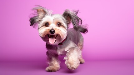  a small gray and white dog standing on top of a purple background with its tongue out and it's mouth wide open.