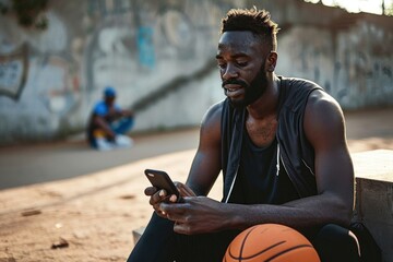 Fit sporty young African black ethnic man sitting outdoors holding basketball ball and mobile phone using apps, looking at smartphone, resting after street sport game, Generative AI  - Powered by Adobe