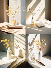 Still life photography of flowers and leaves with shadows