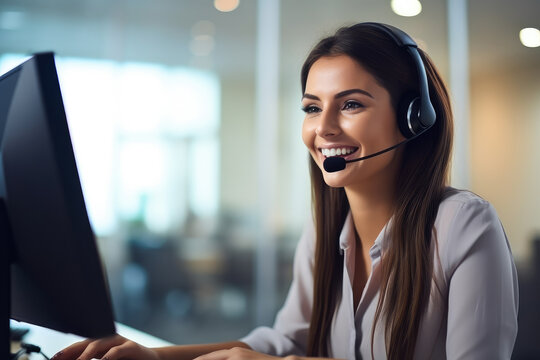 Customer support with this image of a professional woman using headphones and microphone at a computer, symbolizing efficient call center service.