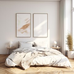 Fototapeta na wymiar Bright and Airy Bedroom with Neutral Colors and Natural Textures