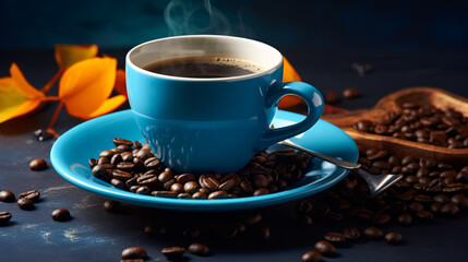 A cup of aromatic black coffee and coffee beans