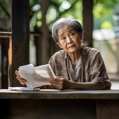 senior person reading a living cost bill and thinking about their money and financial.