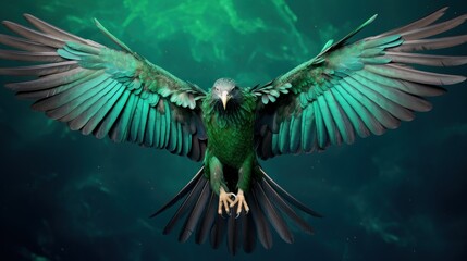  a green and black bird with its wings spread out in front of a blue sky with clouds and a green background.