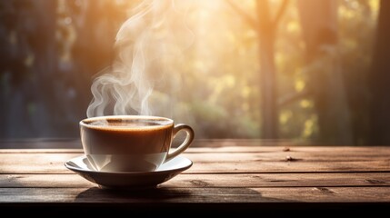  a cup of coffee with steam rising out of it on a wooden table in front of a blurry background of trees.