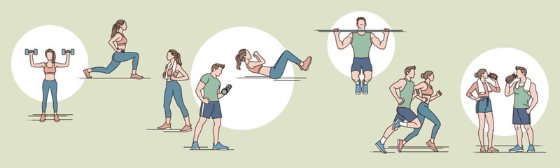 Couple doing various strength and aerobic exercises - obrazy, fototapety, plakaty