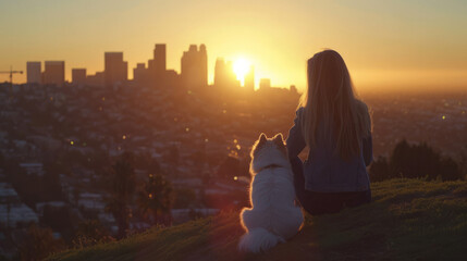 Young pretty blonde woman, carefree and oblivious, posing with her adorable white fluffy Pomeranian puppy dog dreamy as the sun sets over a picturesque skyline of a bustling modern occidental city
