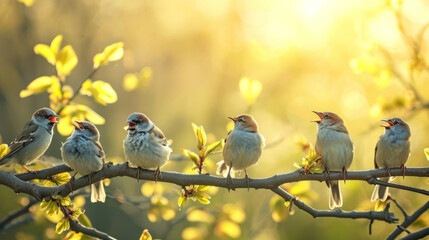 Flock of birds are singing happily on the branches of a tree with spring flower blossoms and sun light , spring season background