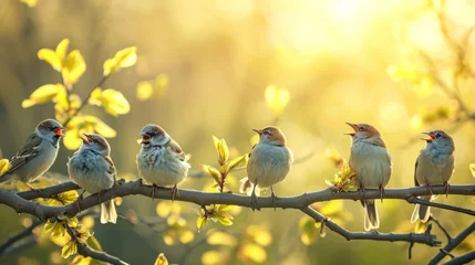 Fotobehang Flock of birds are singing happily on the branches of a tree with spring flower blossoms and sun light , spring season background © Keitma