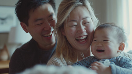 Portrait of a Korean family with parents and their young toddler kid at happy home - obrazy, fototapety, plakaty