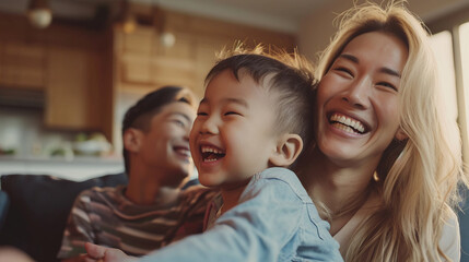 Portrait of a Korean family with parents and their young toddler kid at happy home - Powered by Adobe