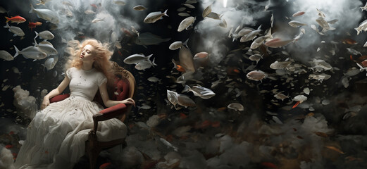 surreal scene depicting woman in white dress sitting in chair, underwater, with a swarm of fish surrounding her in dream-like state of tranquility, magic. metaphorical representations. Banner - obrazy, fototapety, plakaty