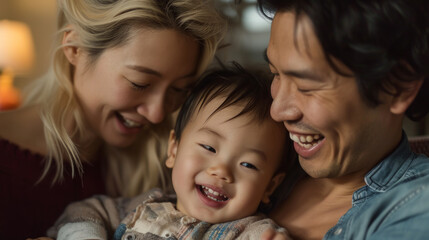 Portrait of a Korean family with parents and their young toddler kid at happy home
